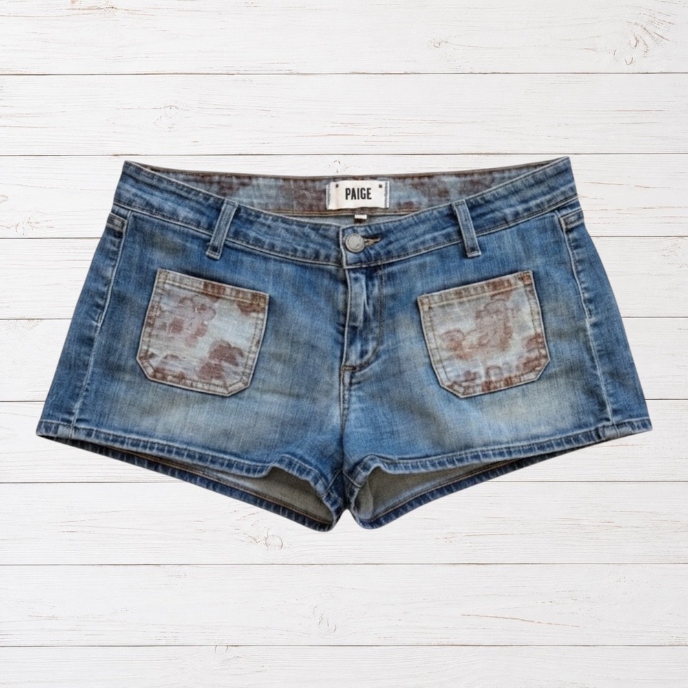 Mini‎ Denim Shorts Womens 27 Blue Floral Patch Pocket Low Rise Stretch Y2K Paige